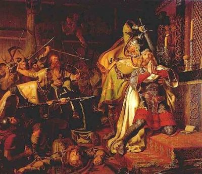 IV0710
św. Kanut IV
Święty Kanut IV urodził się około 1043 roku. Był synem króla duńskiego, Swena II Estrydsena. Niektóre źródła historyczne podają, że Kanut miał być jednym z dowodzących łupieżczym najazdem Wikingów na Anglię w 1075 roku.

W czasie powrotu z tamtej &quot;angielskiej&quot; wyprawy, duńscy rabusie mieli zatrzymać się we Flandrii. Jej mieszkańcy także byli wrogo nastawieni do Anglików, stąd też późniejsza żona świętego Kanuta – Adela – pochodziła właśnie z Flandrii. Była córką tamtejszego księcia, Roberta I, małżeństwo to było natomiast swoistym przypieczętowaniem sojuszu między Duńczykami i flandryjskimi przodkami dzisiejszych Belgów.

Do ślubu Adeli z Kanutem doszło, gdy ten ostatni otrzymał koronę duńską w 1080 roku, po śmierci swego brata Haralda III Heina. Na tronie zasiadał przez ostatnich sześć lat swojego życia. Adela urodziła mu syna, Karola I Dobrego – późniejszego błogosławionego.

Kanut w trakcie swego krótkiego panowania nad Danią, starał się wzmacniać władzę monarszą w królestwie, wspierając jednocześnie duński Kościół. Fundował nowe opactwa i kościoły, troszczył się o najuboższych mieszkańców swego kraju. To właśnie Kanut, jako pierwszy, miał sprowadzić do Danii angielskich benedyktynów. Jeden z nich – pochodzący z Canterbury brat Ailnoth – spisał po latach żywot świętego, dzięki czemu mamy tak wiele informacji biograficznych dotyczących Kanuta IV.

Wiemy na przykład, że Kanut IV zabiegał dla siebie o angielską koronę, jako potomek (wnuk) Kanuta I Wielkiego, który zasiadał na tronach Anglii, Norwegii i Danii, a także zarządzał Pomorzem i Szlezwikiem. Nie udało mu się jednak pójść w ślady słynnego dziadka. Potężna flota, którą Kanut IV zgromadził przeciw Anglikom, ostatecznie nigdy nie wypłynęła w kierunku Brytanii, król zaś zmuszony był uciekać przed niezgadzającymi się na jego rządy buntownikami, wśród których był także jego brat, Olaf I Głód.

Wikingowie nigdy potem nie odbudowali już swej potęgi, natomiast Kanut, wraz z towarzyszącymi mu kompanami został zamordowany 10 lipca 1086 w kościele pod wezwaniem świętego Albana w Odense. W niespełna 20 lat po śmierci został kanonizowany i uznany za patrona Danii.