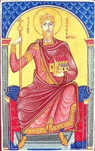 24 luty 
-------------- 
Św. Etelbert, król Kentu  
ang. etel- / ethel- / adal ‚szlachetny’, ‚sławny ze szlachetności’ albo ‚sławny i szlachetny’.


Nie dziwmy się obcemu brzmieniu imienia naszego świętego; był wszak potomkiem Hengista, protoplasty rodu Jutów. Jako król Kentu – dzisiaj jest to hrabstwo – poślubił córkę frankońskiego władcy merowińskiego Chariberta, o imieniu Berta. Dlaczego go wspominamy? Bo to właśnie on jako pierwszy na Wyspach Brytyjskich przyjął chrzest. Jest więc anglosaskim „Mieszkiem I”.

Przyszedł na świat w 552 r. i już jako ośmiolatek zasiadł na tronie, ale władzę – w jego imieniu – sprawowała Rada Królewska. Był wtedy jeszcze poganinem i nawet po zaślubinach z Bertą w 588 r. dostojny teść musiał zabiegać o jego zgodę na wyznawanie przez nią wiary chrześcijańskiej. Kiedy w 597 r. u brzegów Anglii znalazła się wyprawa misyjna, której przewodził sam św. Augustyn, Etelbert przyjął ją z dużą życzliwością.

Sam przyjął chrzest ok. 601 r. – czyli stosunkowo późno – toteż papież Grzegorz Wielki wystosował do Berty list, w którym ubolewał, że trwało to tak długo. Proces chrystianizacji Anglii i Szkocji był jednak zapoczątkowany – trwał do schyłku VIII wieku. Etelbert przyczynił się do przyjęcia chrztu przez kolejnych władców, m.in. jego siostrzeńca Seberta – króla Sussexu, czy Redwala – panującego nad Anglami. To nie wszystkie jego zasługi dla wiary i Kościoła; uposażył hojnie misjonarzy, którzy przybyli ze św. Augustynem, ufundował świątynie w Londynie, Canterbury i Rochester, a także ogłosił zbiór praw jednoczących ze sobą skłócone do tej pory królestwa. Zmarł ok. 616 r., a pochowano go, u boku żony, w kościele p.w. Piotra i Pawła w Canterbury. Na ołtarze wyniesiono także jego córkę, która po śmierci męża założyła klasztor w Liming.
