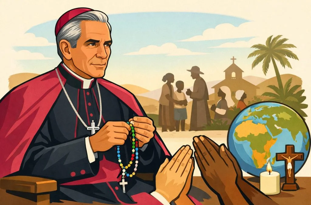 Archbishop Fulton J. Sheen holds a rosary while praying, with a globe and a missionary scene in the background.