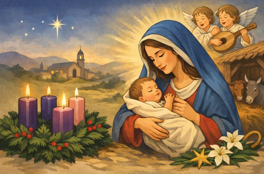 Mary holds the infant Jesus by a candle-adorned wreath, with angels singing in the background and a serene village scene.