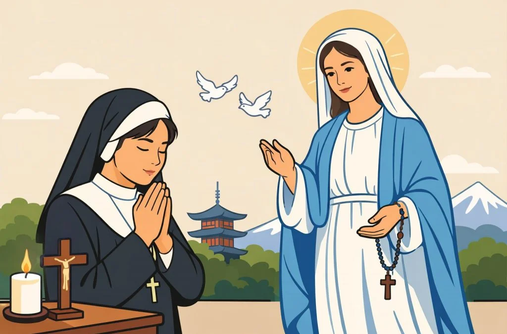 A nun prays before the Virgin Mary, surrounded by doves and a serene landscape with a pagoda and mountains.