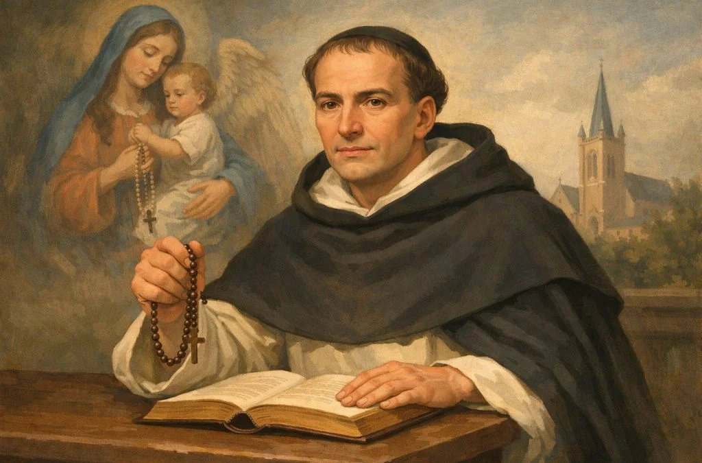 Saint Alan de la Roche, holding a rosary, with the Virgin Mary and child in the background, beside an open book.