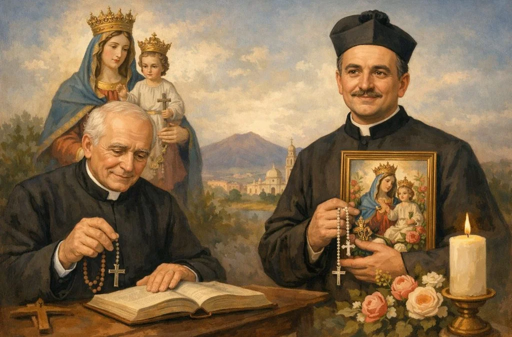 Two priests, one with a rosary and a book, the other holding a framed image of Mary and Jesus, beside a lit candle and flowers.