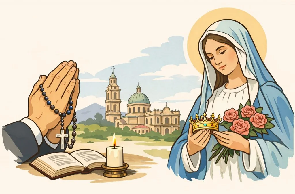 A praying person holds a rosary beside an illustration of the Virgin Mary with flowers and a crown, set against a church backdrop.