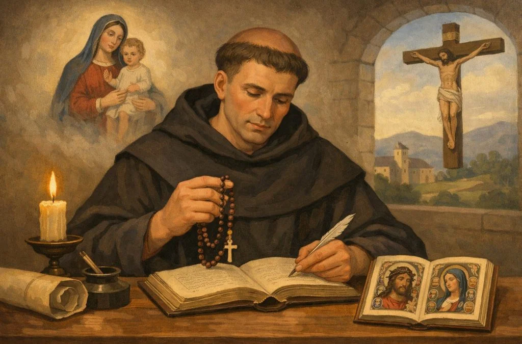 A monk holds a rosary while writing, surrounded by religious imagery including Mary and Jesus, and a crucifix in the background.