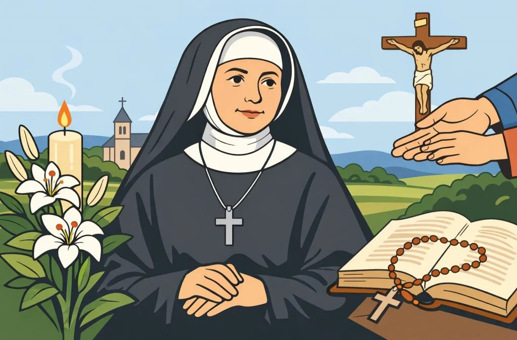A nun with a serene expression sits beside a candle, flowers, and a book, while a hand presents her a crucifix.