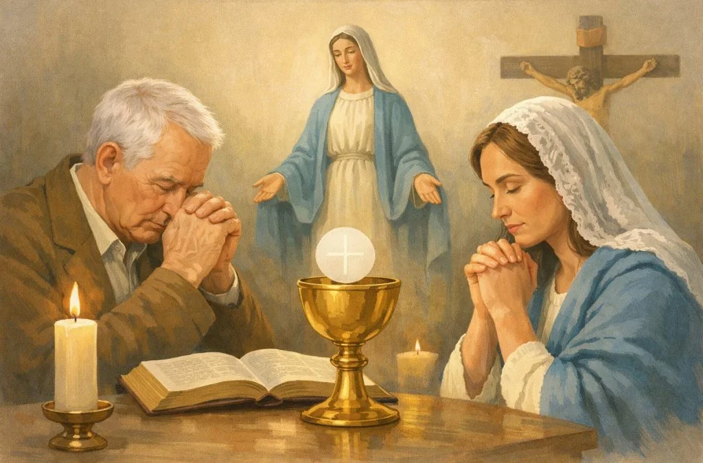 Two people pray at a table with a lit candle and a chalice, while a figure of Mary watches over them.