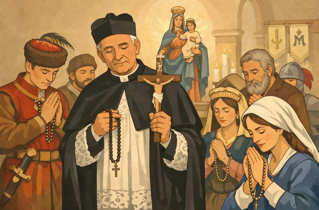 A group of people in historical attire, led by a priest, prays with rosaries in a church setting.