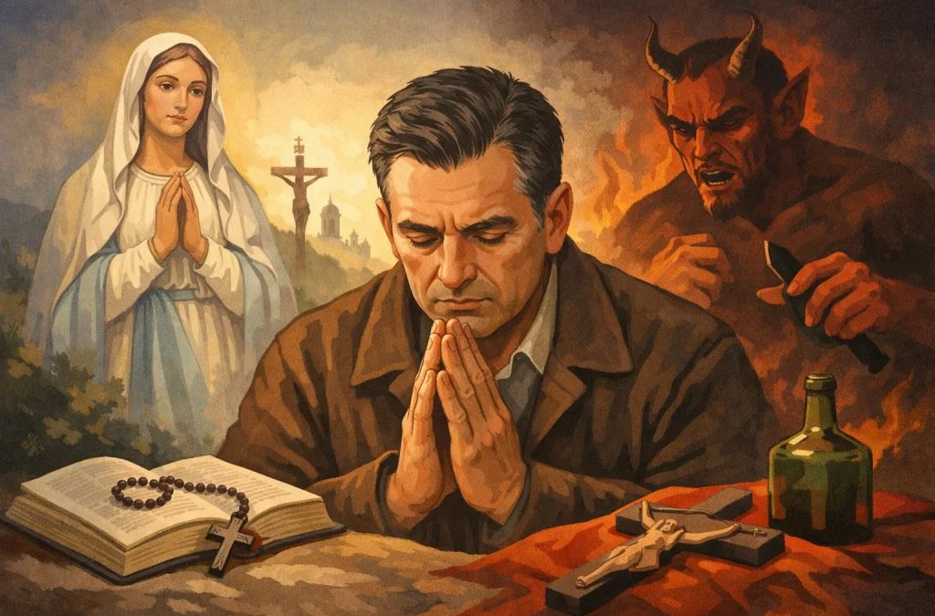 A man prays with a rosary and Bible, while a devil figure looms behind him and a serene Mary figure watches.