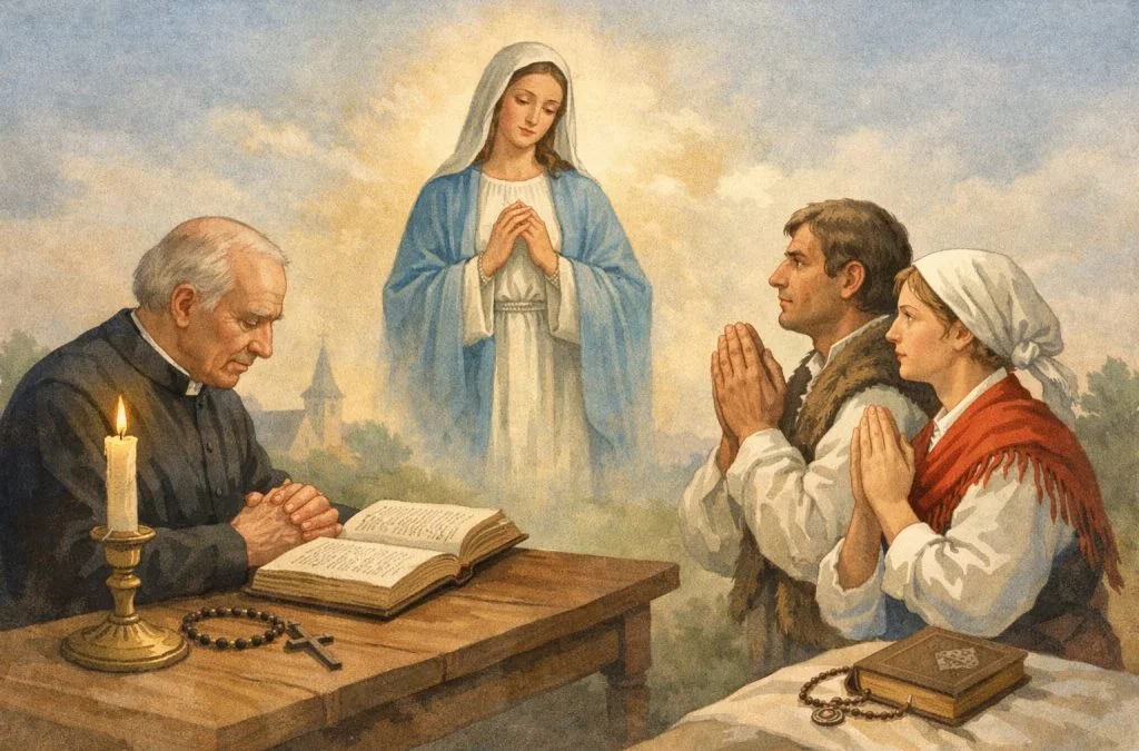 A priest prays at a table with a candle, accompanied by a man and woman praying before a serene depiction of the Virgin Mary.