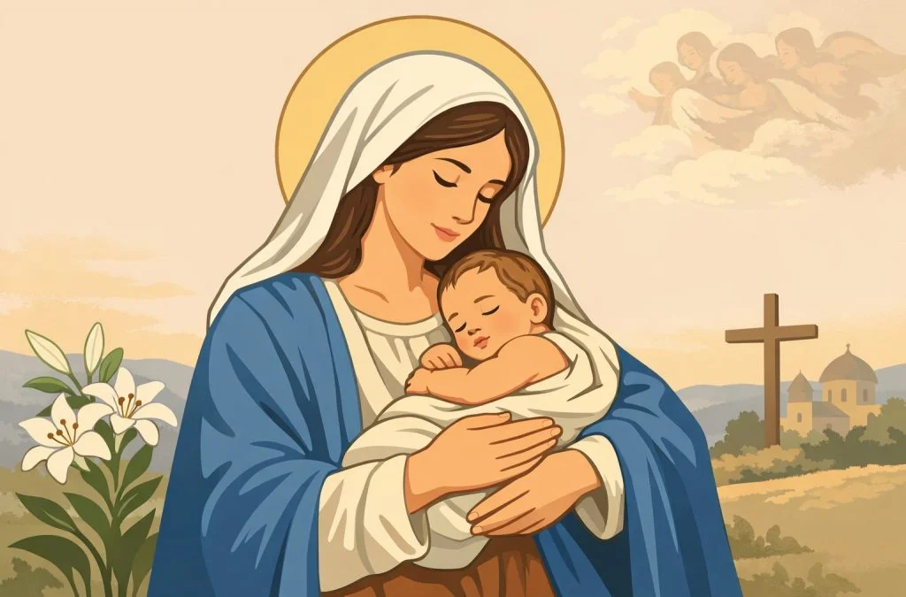 Mary cradles the infant Jesus, surrounded by lilies and a serene landscape, evoking themes of motherhood and spirituality.