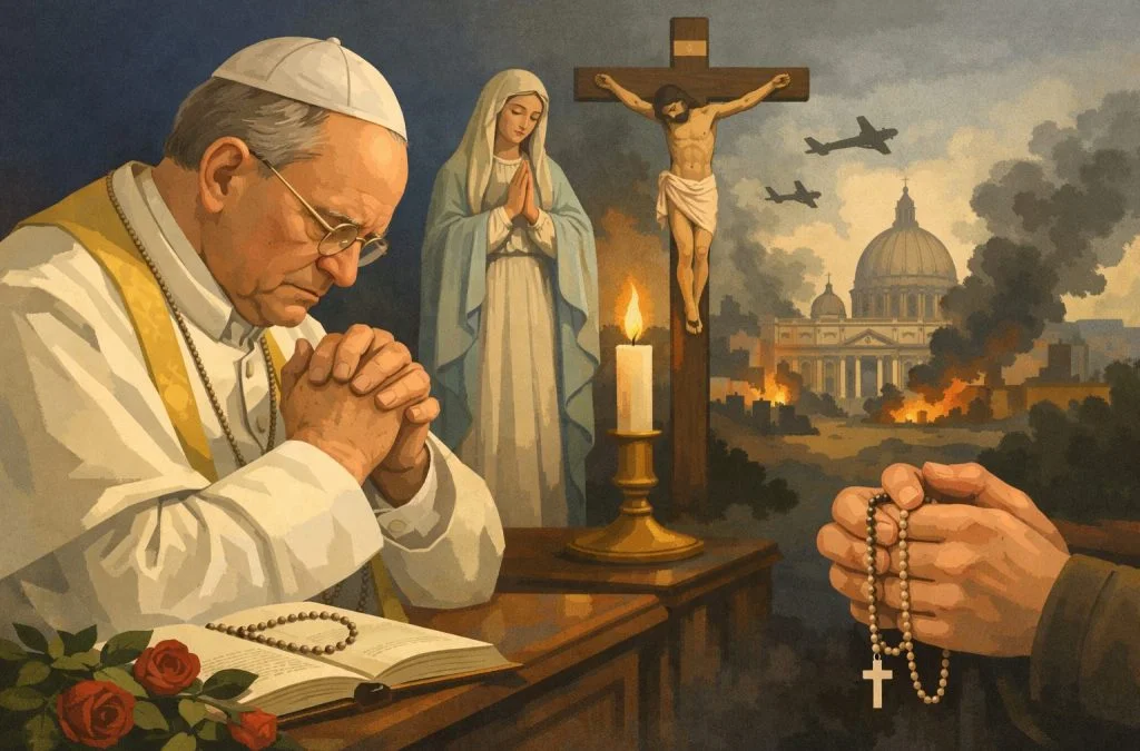 Pope Francis prays with a rosary amidst a dramatic backdrop of St. Peter's Basilica and a war-torn cityscape.