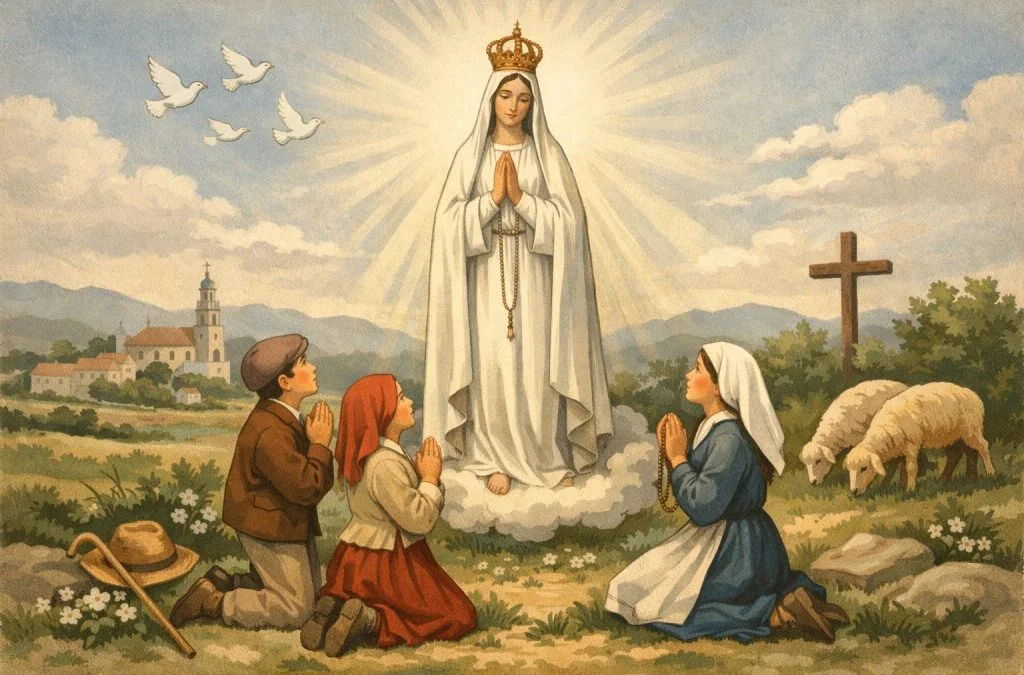 A vision of the Virgin Mary appears above three praying children in a peaceful landscape with doves and sheep.
