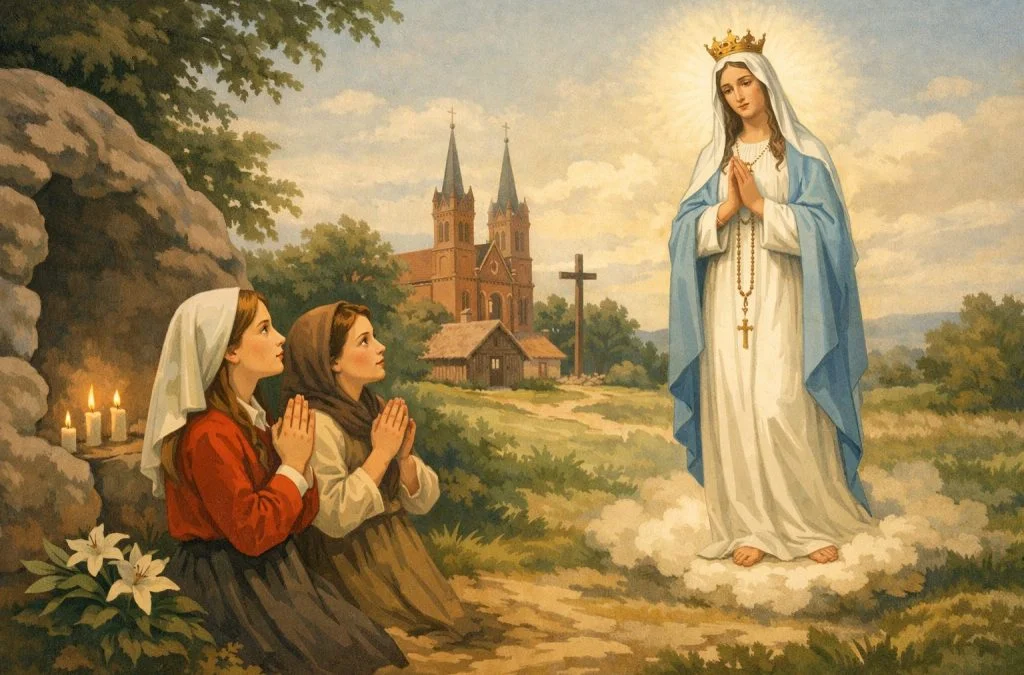 Two young girls kneel in prayer, gazing up at a serene, crowned Virgin Mary against a tranquil landscape.