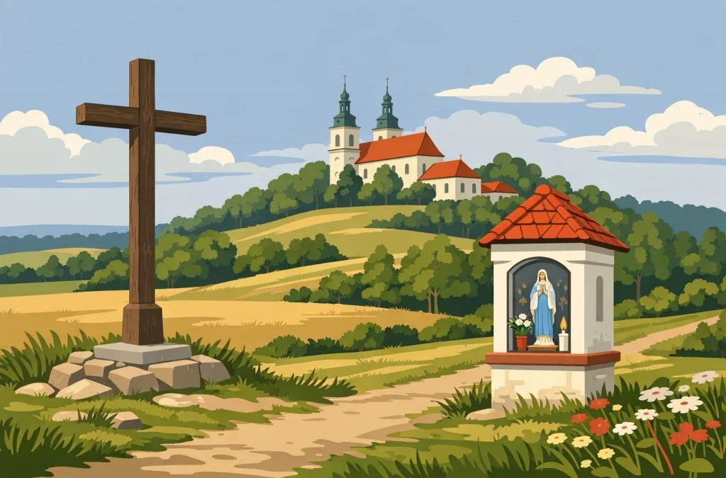 A wooden cross and a shrine with a statue overlook a scenic hilltop church amid green fields and blue skies.