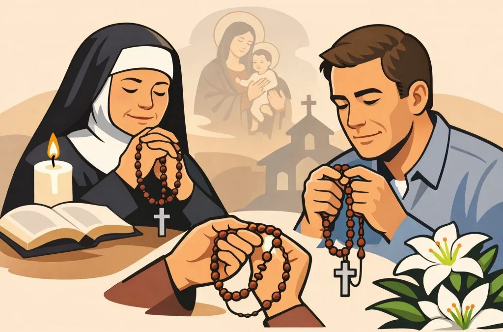 A nun and a man pray with rosaries, surrounded by a candle, a book, and a serene religious background.