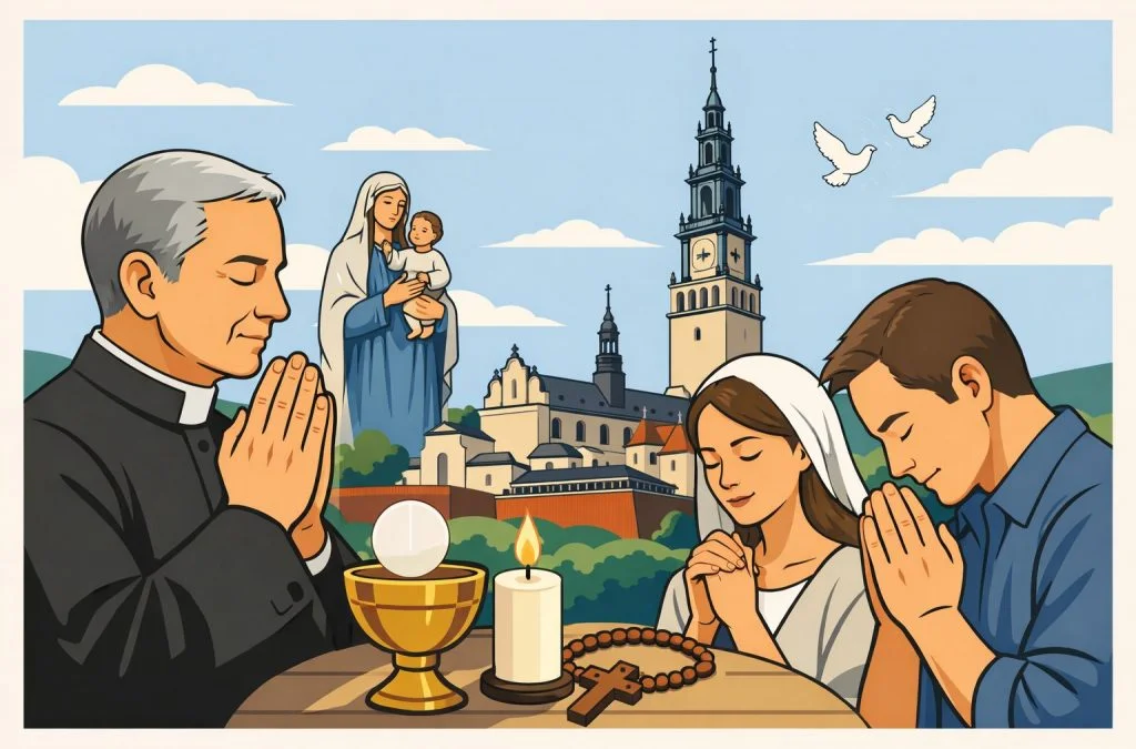 A priest and two individuals pray at a table with a chalice and rosary, overlooking Jasna Góra's iconic shrine.