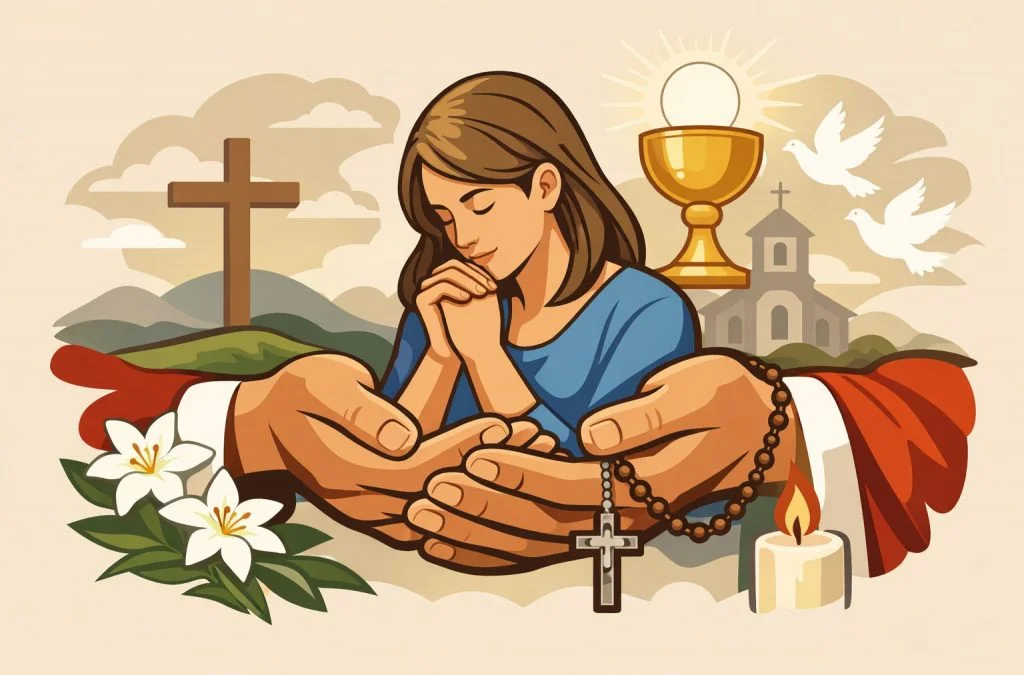 A woman prays with hands reaching out, surrounded by religious symbols like a cross, a chalice, and white lilies.