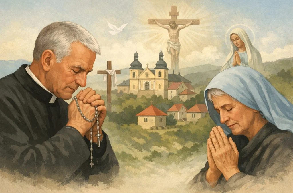 Two elderly figures in prayer, a man and a woman, with a church and crucifix in the tranquil landscape behind them.