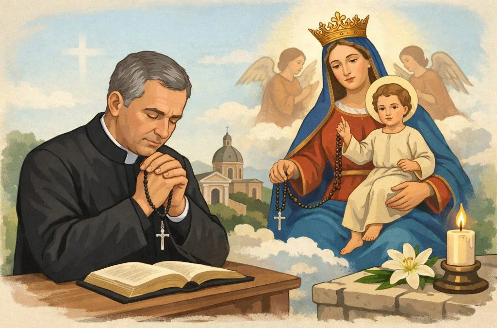 A priest prays with rosary beads, while the Virgin Mary and Baby Jesus watch over him in a serene, heavenly setting.