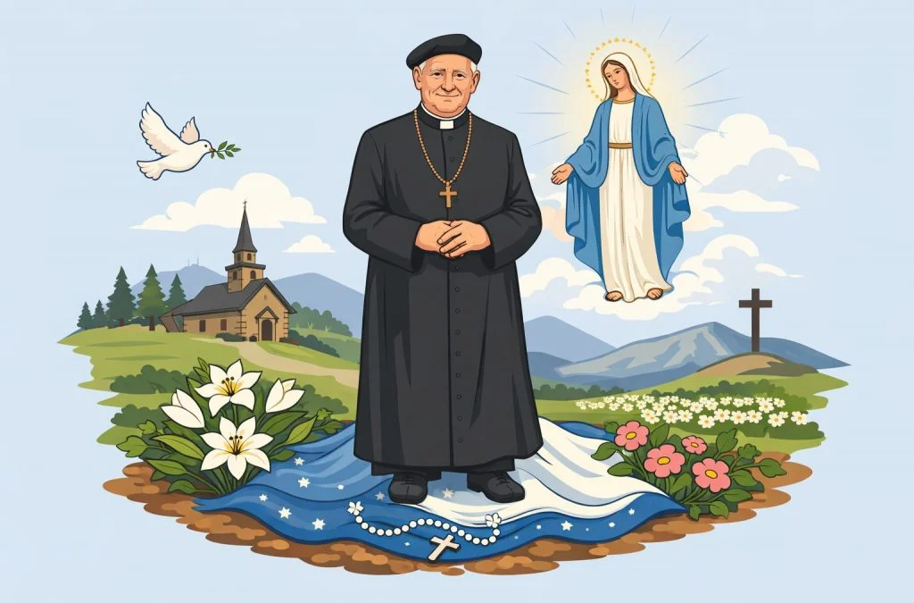 A priest stands on a floral rug, surrounded by a church, mountains, a dove, the Virgin Mary, and a cross.