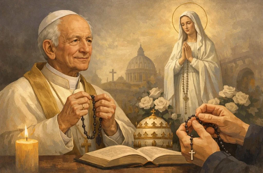 Pope Leon XIII prays with a rosary, surrounded by roses and an image of the Virgin Mary, in a serene religious setting.