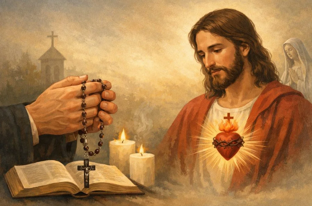 A hand holds a rosary above an open Bible, with Jesus depicted in the background, showcasing a glowing Sacred Heart.