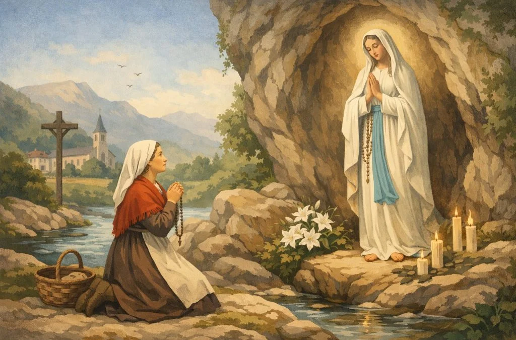 A young girl kneels in prayer by a stream, encountering the Virgin Mary in a serene grotto surrounded by flowers and candles.