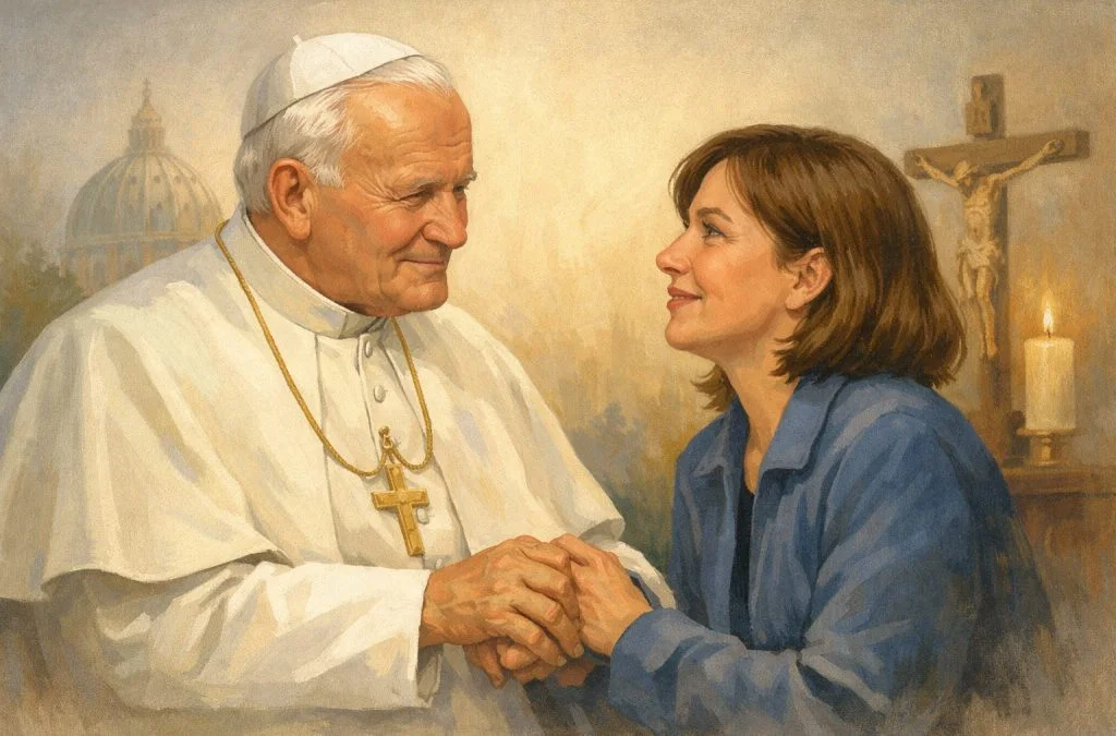 Pope John Paul II warmly engages with a woman, sharing a moment of connection in a softly lit setting.