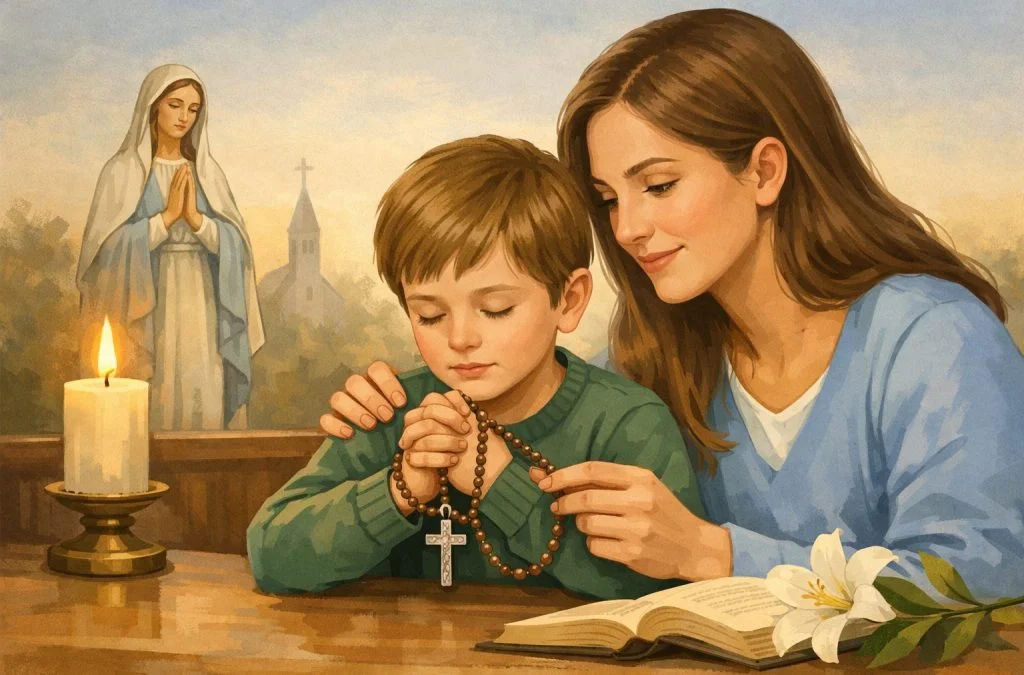 A mother and son pray together with rosary beads, a lit candle, and an image of the Virgin Mary in the background.