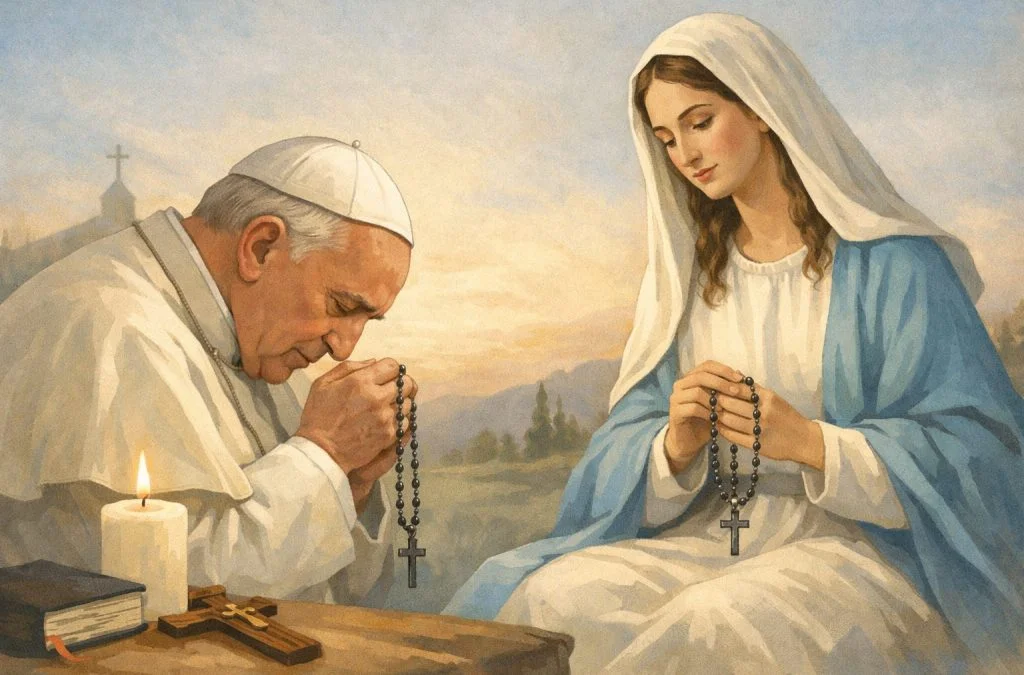 Pope Francis and the Virgin Mary pray with rosaries, surrounded by a serene landscape and soft, golden light.