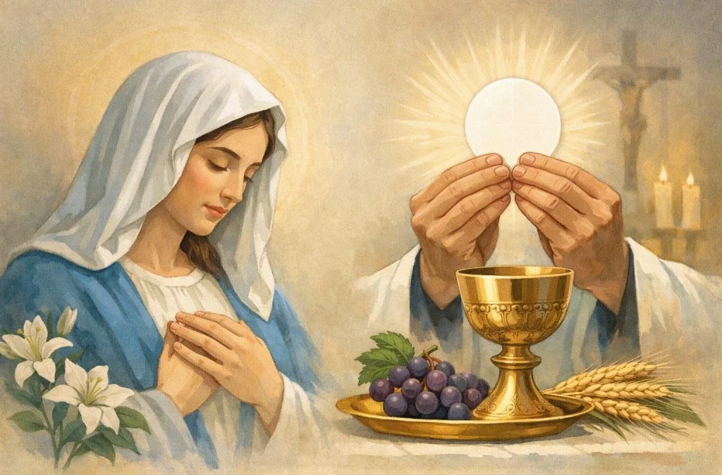 Mary holds her hands in prayer while a priest elevates the Eucharist above a chalice and elements of communion.