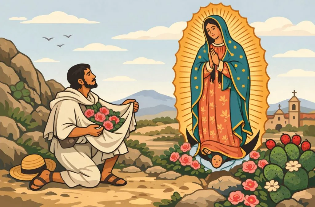 A man kneels with flowers before the Virgin of Guadalupe in a serene, mountainous landscape.