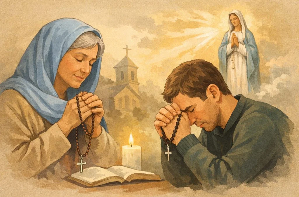 A woman and a man pray with rosaries, a church silhouette in the background, and a figure of the Virgin Mary above.