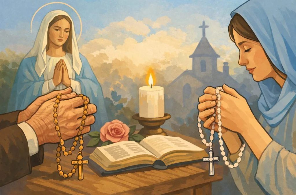 Two women pray with rosaries near an open book and a lit candle, with a soft background featuring a church and a rose.