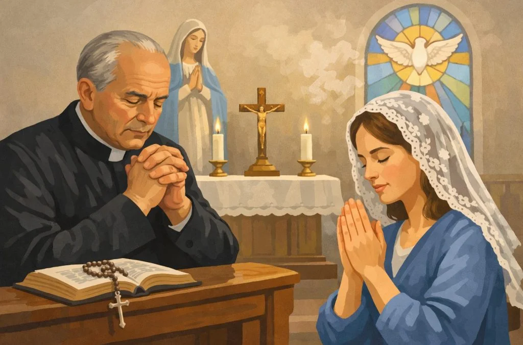 A priest and a woman pray reverently in a church, surrounded by candles, a cross, and a statue of the Virgin Mary.