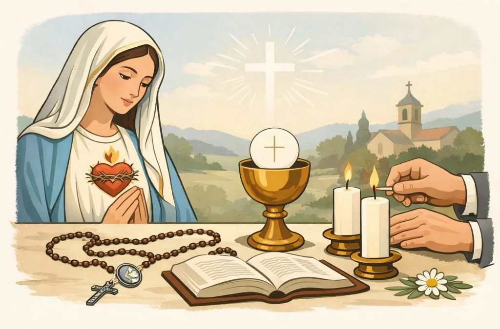 Mary, represented in prayer, sits before a chalice and candles, with a rosary and a book, in a serene landscape setting.