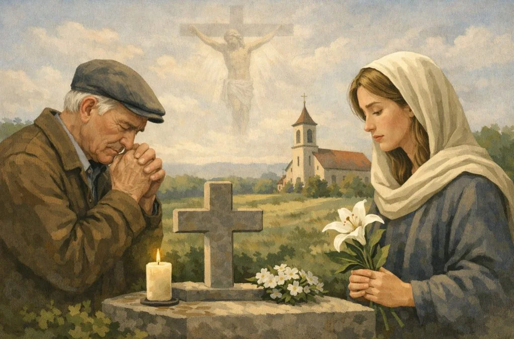 A man and a woman pray solemnly beside a grave, with a candle, flowers, and a church in the background.