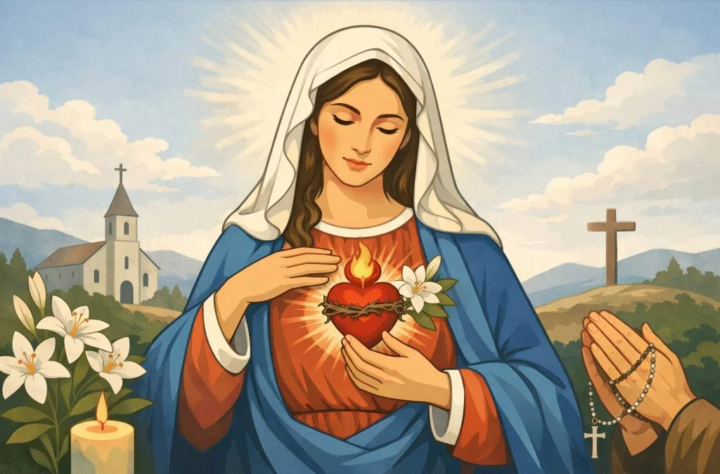 Mary, depicted with a radiant heart, surrounded by nature, a church, and a praying figure, invoking grace and devotion.