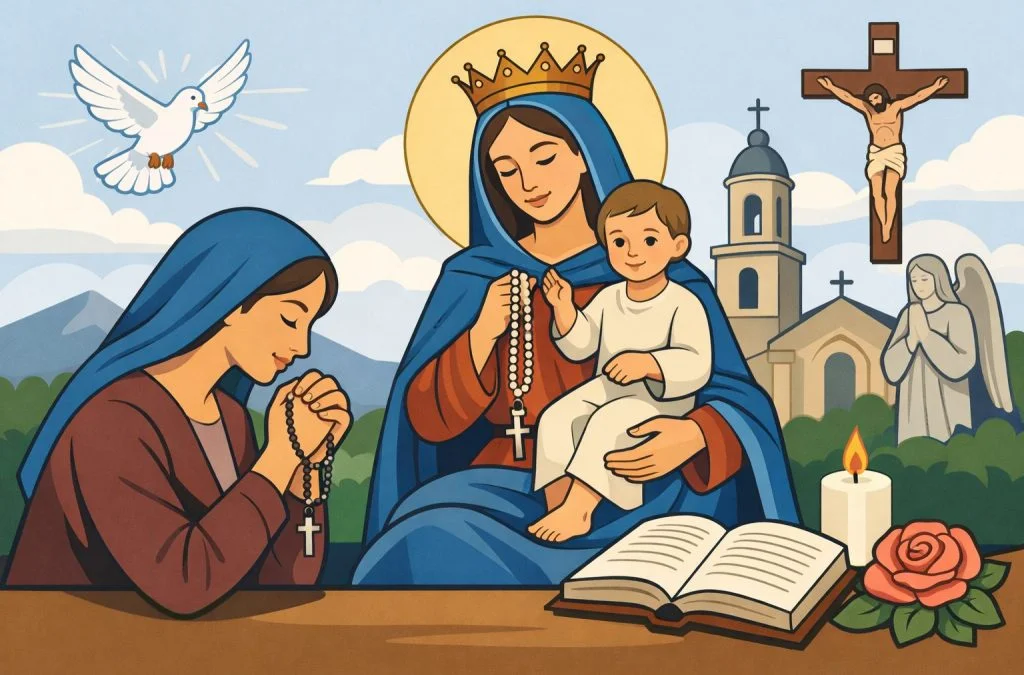 A serene illustration featuring the Virgin Mary and child, a praying woman, a dove, and religious symbols in a peaceful scene.