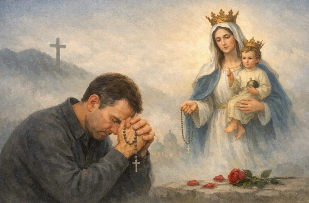 A man prays with bowed head before a crowned Virgin Mary holding baby Jesus, surrounded by a misty landscape.