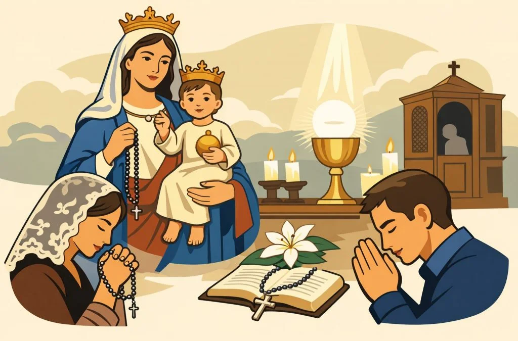 Mother Mary and child are depicted alongside believers praying, a chalice, candles, and an open prayer book.