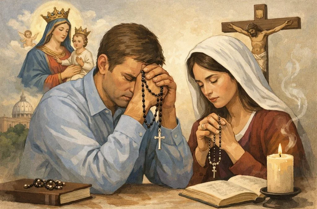 A man and woman pray together with rosaries, surrounded by images of Mary and Jesus, emphasizing the theme of devotion.