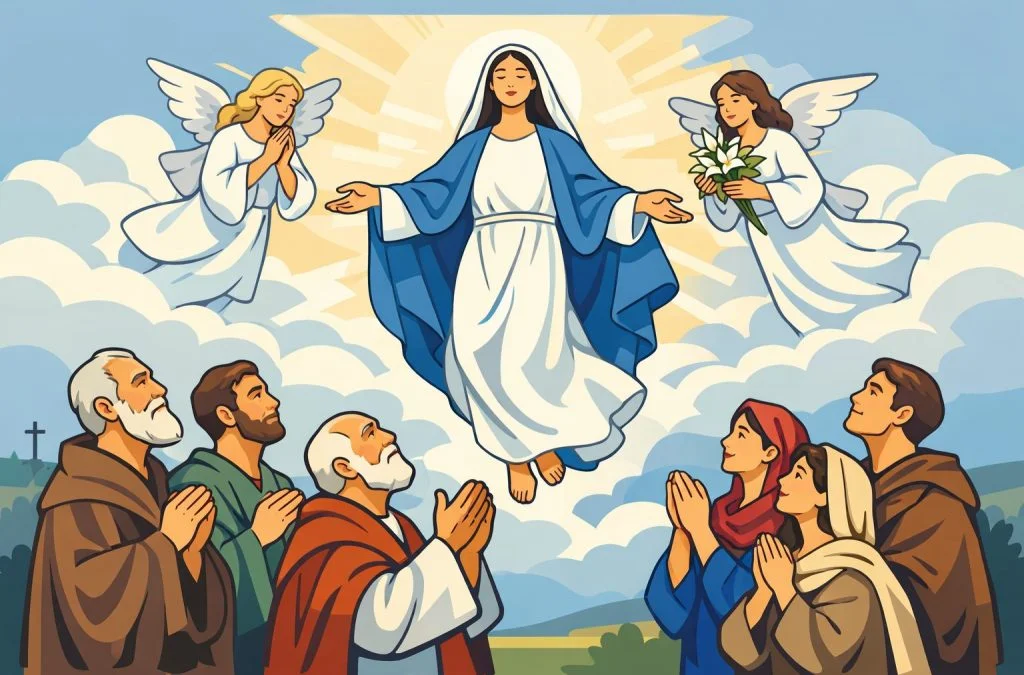 Mary ascends to heaven surrounded by angels while onlookers pray in a serene, cloud-filled sky.