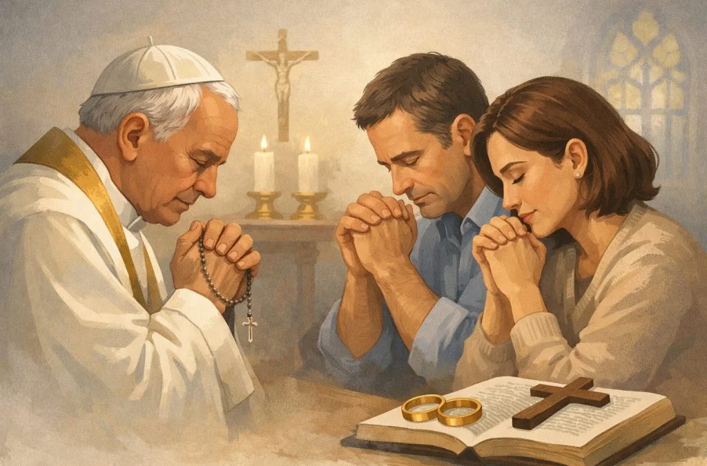 A priest and a couple pray together with wedding rings and a Bible on a table, illuminated by soft candlelight.