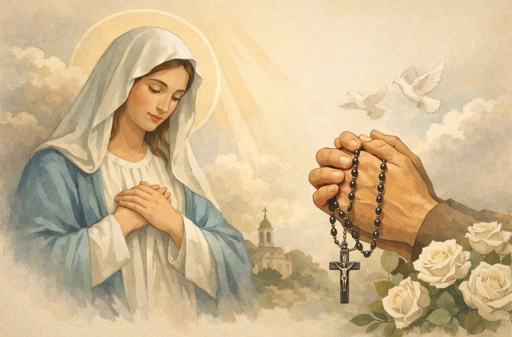 Mary is depicted with clasped hands, while a hand holds a rosary, surrounded by clouds, doves, and white roses.