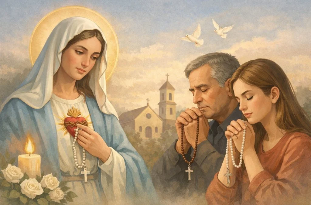 Mary, holding a rosary and candle, watches over a man and woman praying with rosaries before a serene landscape.