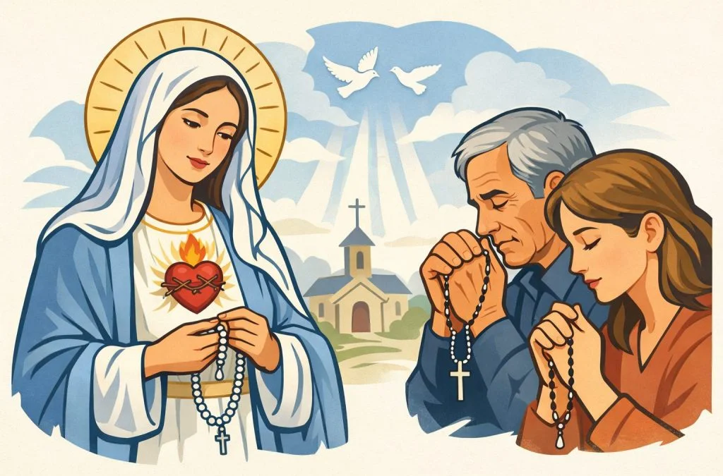 Mary holding a rosary, while two individuals pray with rosaries, a church and doves in the background.