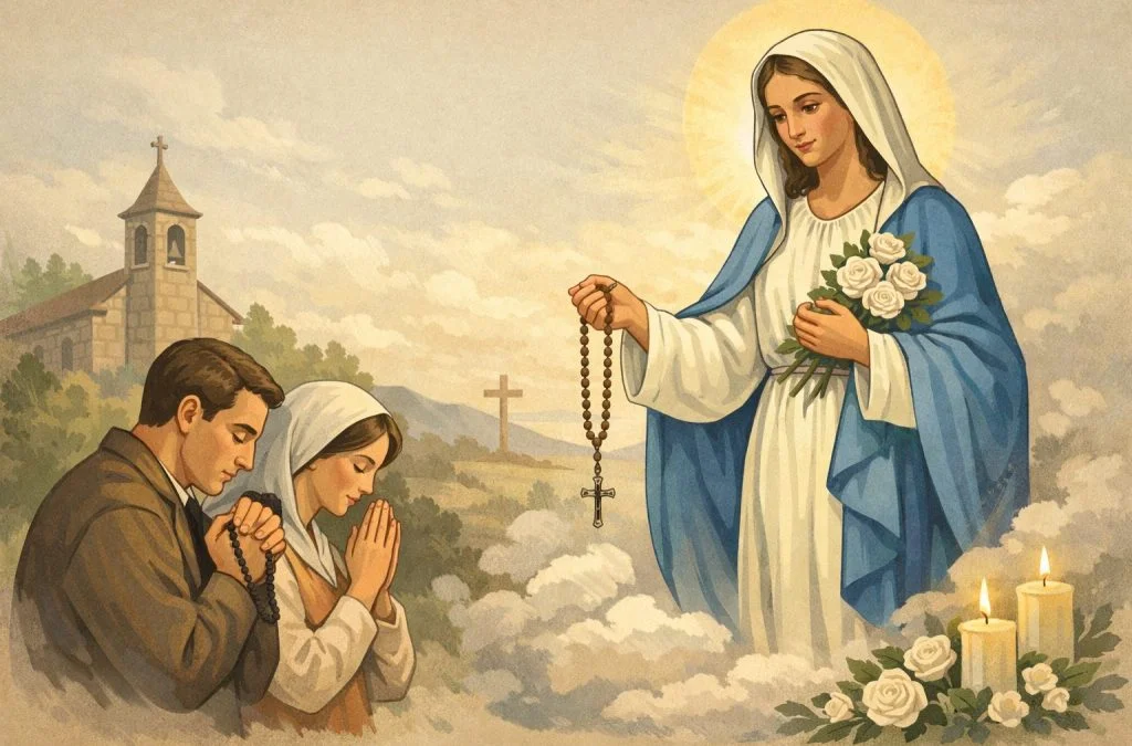 The Virgin Mary appears with a rosary and flowers, watching over a praying couple in a serene, heavenly setting.
