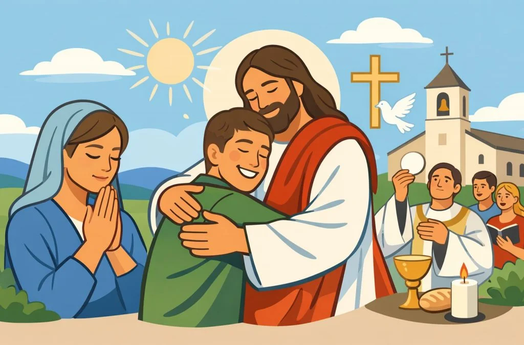 Jesus embraces a joyful young man, while others celebrate in a serene, spiritual landscape with a church in the background.